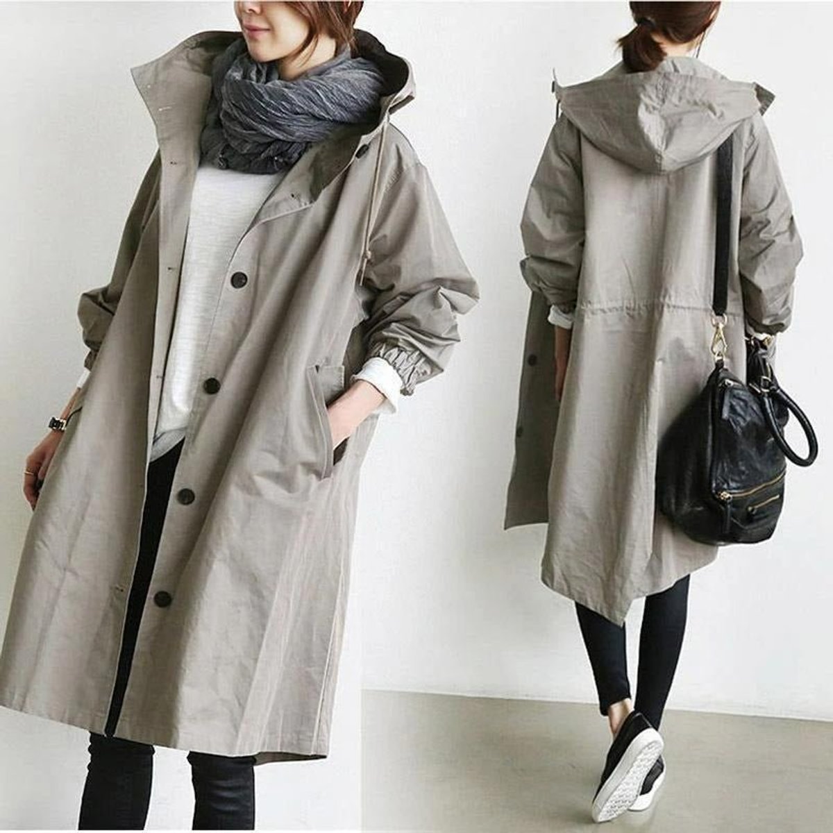 Cappotto Lungo da Donna con Cappuccio e Bottoni | Soprabito Oversize Antivento con Coulisse e Tasche