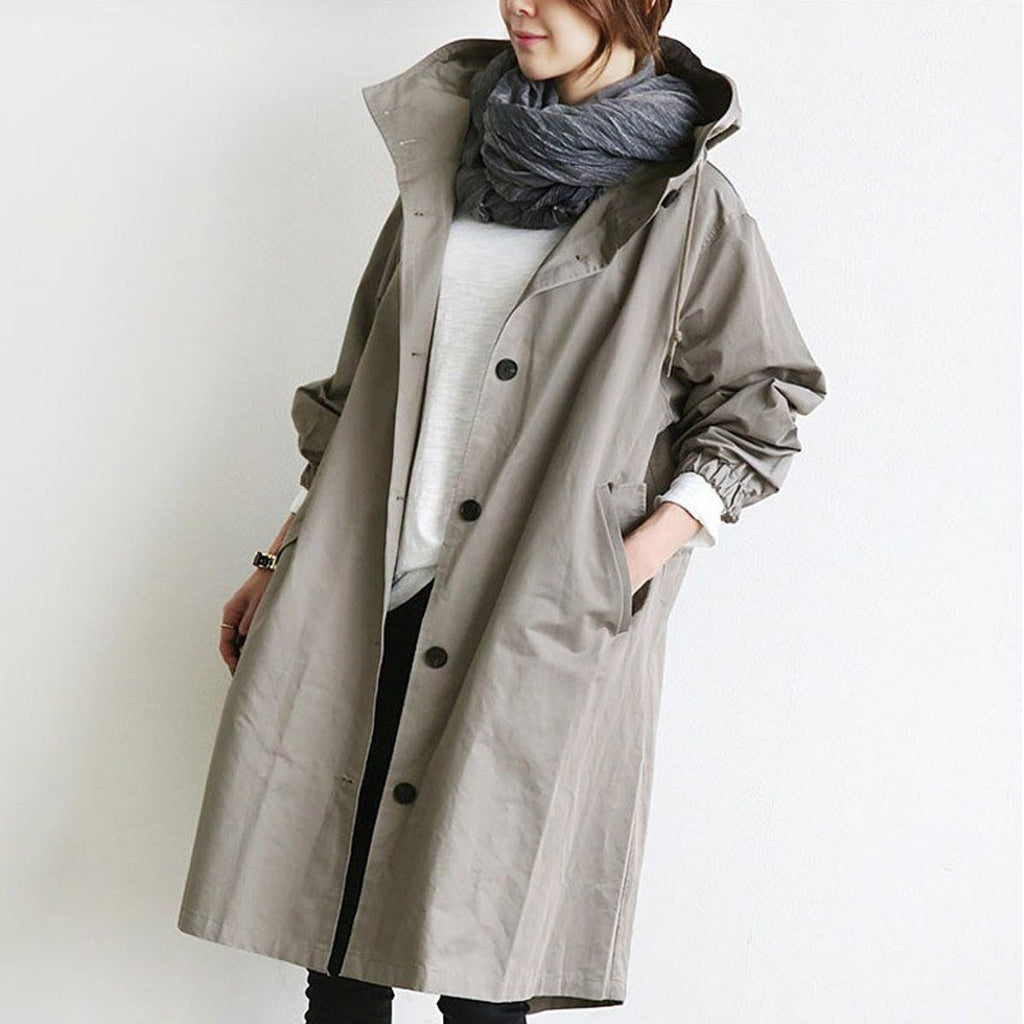 Cappotto Lungo da Donna con Cappuccio e Bottoni | Soprabito Oversize Antivento con Coulisse e Tasche