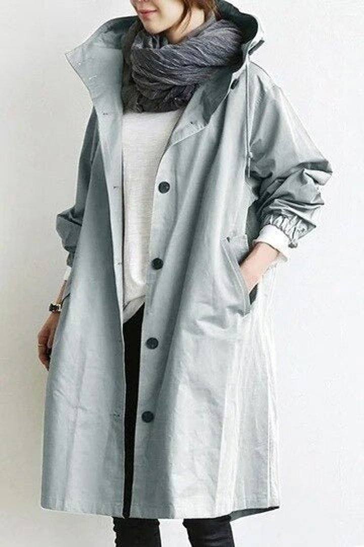 Cappotto Lungo da Donna con Cappuccio e Bottoni | Soprabito Oversize Antivento con Coulisse e Tasche