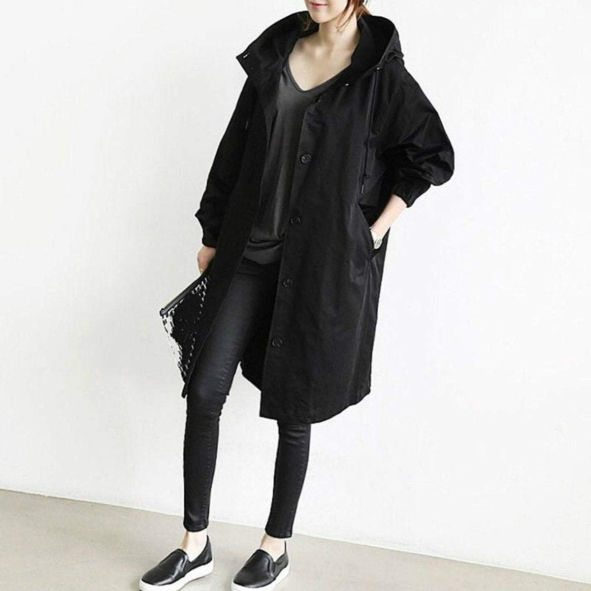 Cappotto Lungo da Donna con Cappuccio e Bottoni | Soprabito Oversize Antivento con Coulisse e Tasche