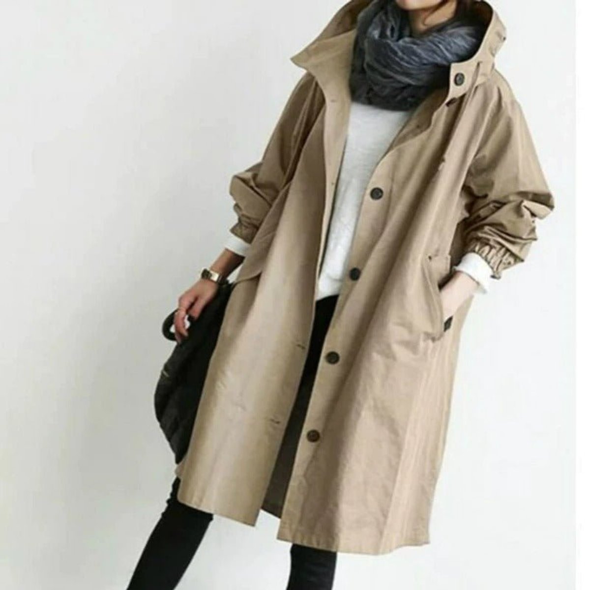 Cappotto Lungo da Donna con Cappuccio e Bottoni | Soprabito Oversize Antivento con Coulisse e Tasche