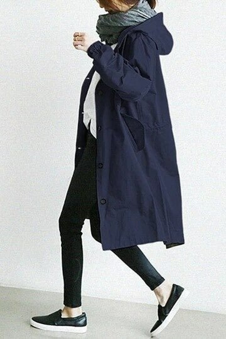 Cappotto Lungo da Donna con Cappuccio e Bottoni | Soprabito Oversize Antivento con Coulisse e Tasche