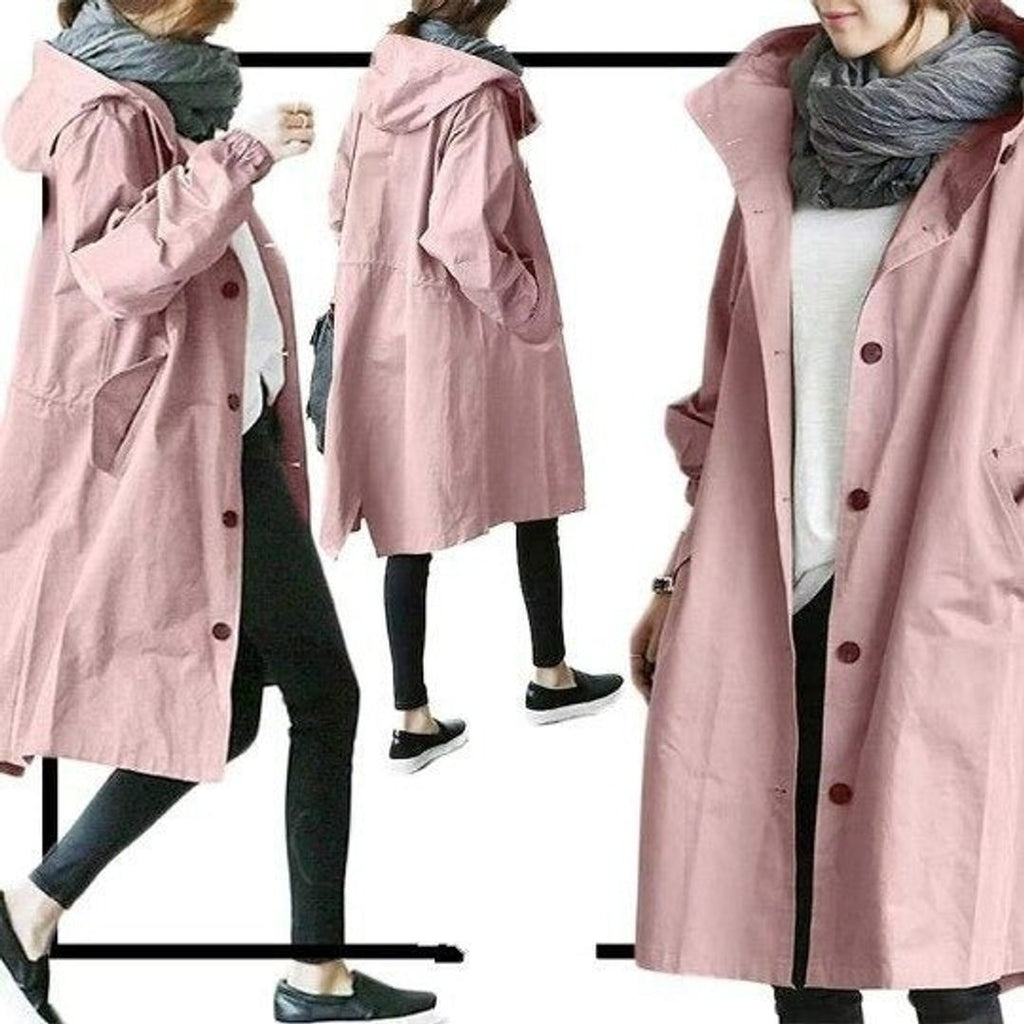 Cappotto Lungo da Donna con Cappuccio e Bottoni | Soprabito Oversize Antivento con Coulisse e Tasche
