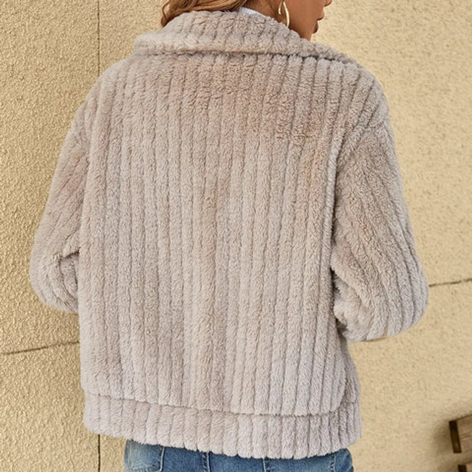 Giacca in Caldo Pile Peluche da Donna con Colletto Aperto e Cerniera Lampo | Giubbotto Morbido Autunnale con Zip Frontale, Maniche Lunghe e Taglio Rilassato