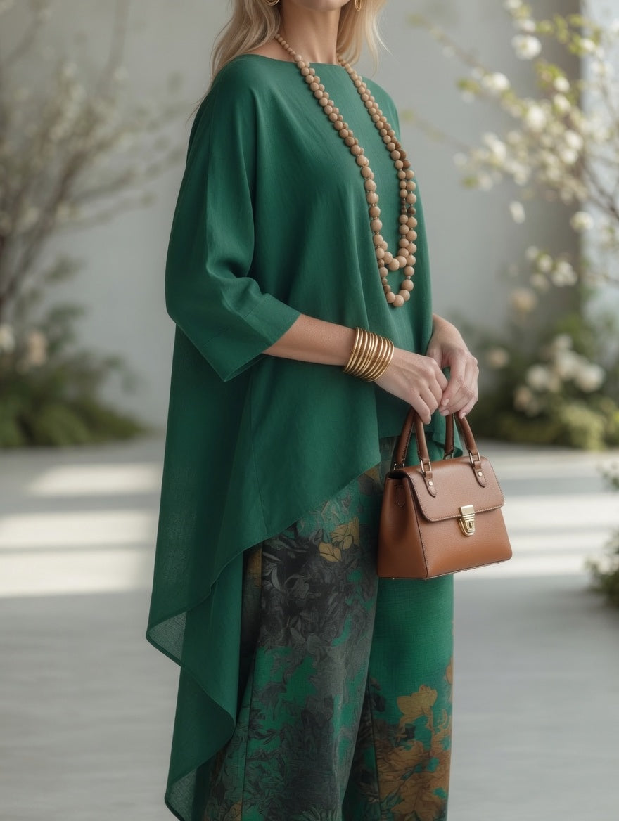 Completo da Donna Elegante con Stampa Botanica Vintage | Set Coordinato 2 Pezzi Tunica Asimmetrica High-Low e Pantaloni a Gamba Larga