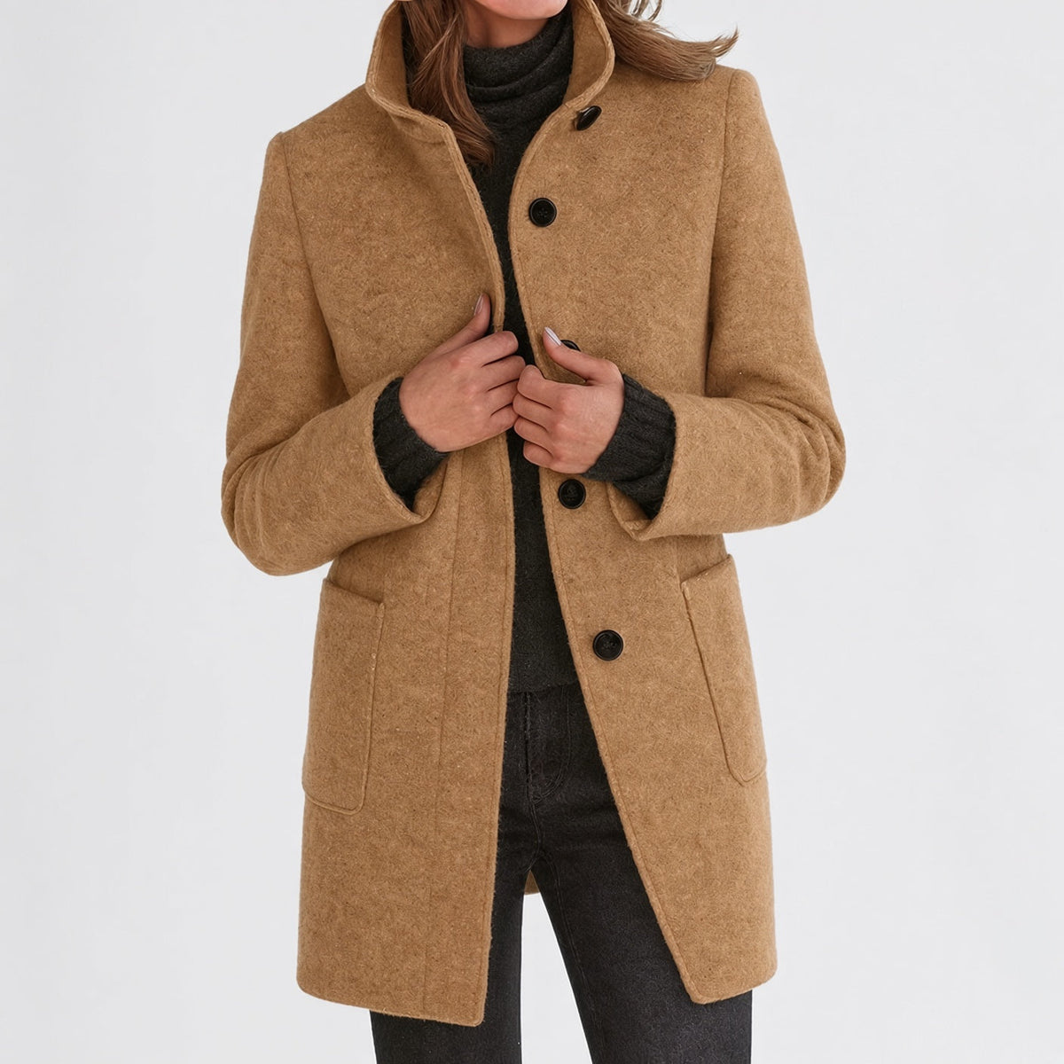 Cappotto da Donna Mezza Lunghezza con Collo Rialzato e Bottoni | Soprabito Invernale Dritto con Tasche Frontali